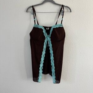 Rampage Y2K Women’s Brown and Turquoise Bow Lace Split Front Tank Top Size 1X